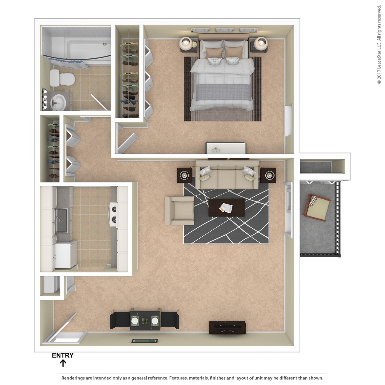 A floor plan of a small apartment with a bedroom